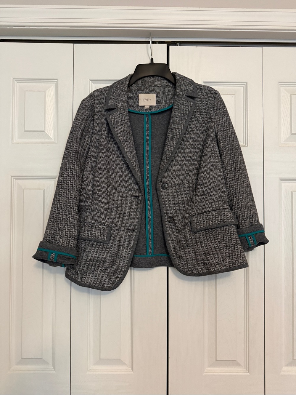 LOFT Gray Tweed Blazer with Teal Trim